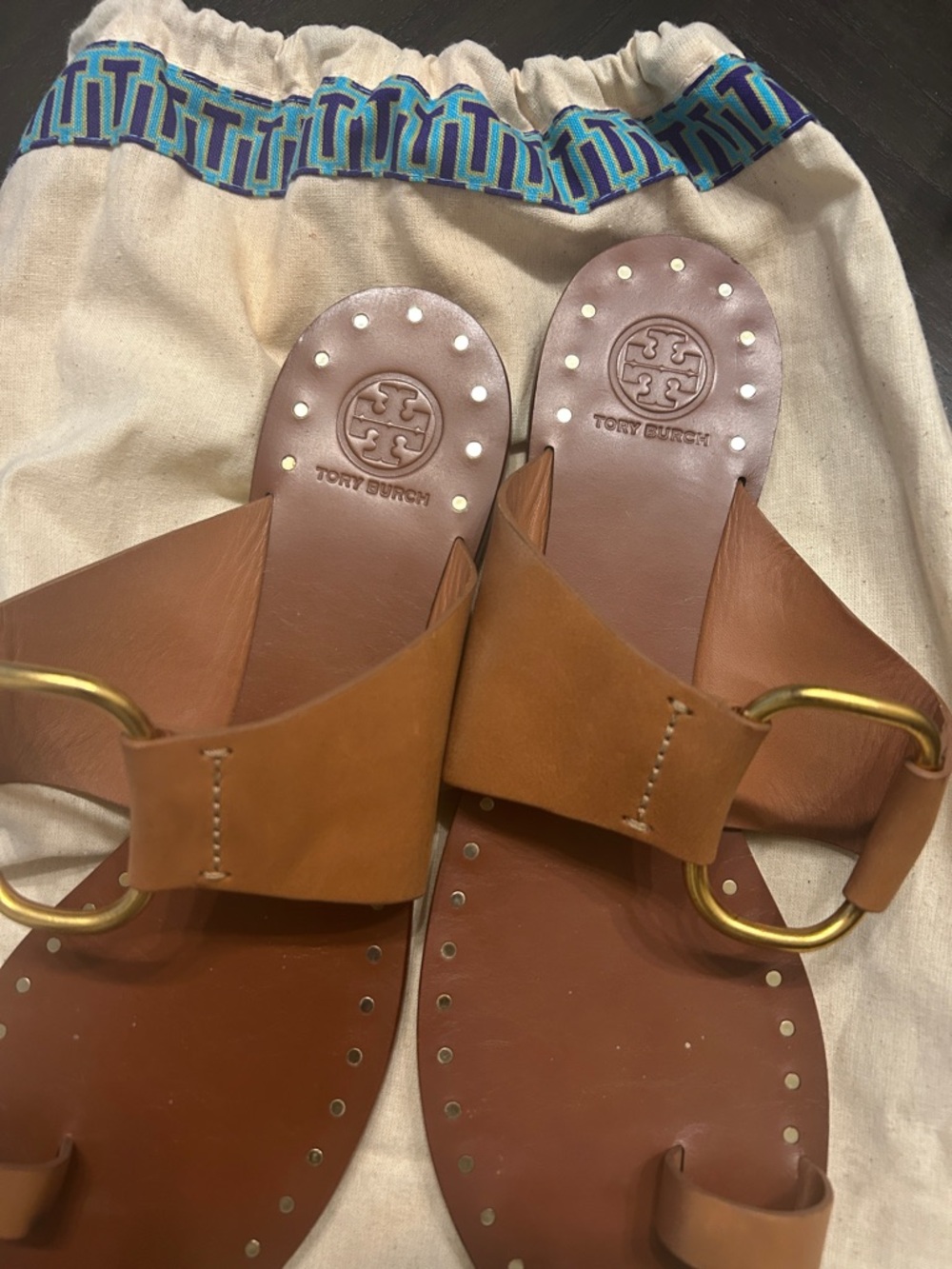 Tory Burch Brown Leather Slide Sandals with Gold Ring Accents - Picture 2 of 6